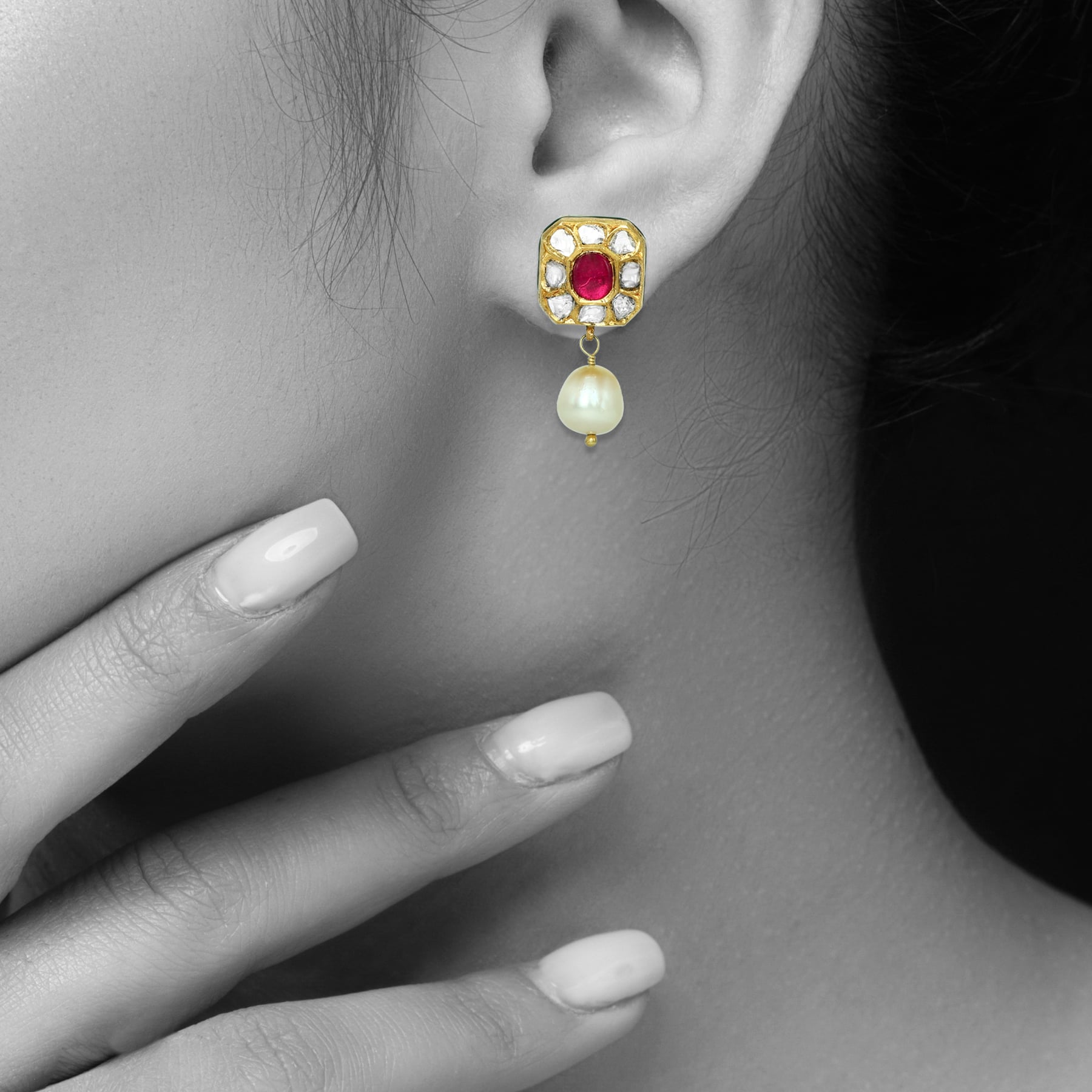 Multi-Strand Pearl Choker Set with Navaratna Motif and Drops